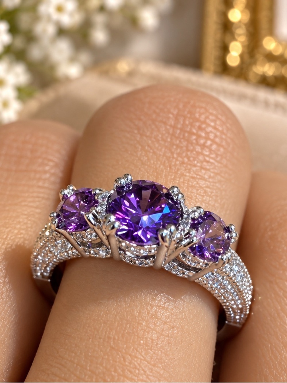 Stainless steel Triple Amethyst Ring in Purple